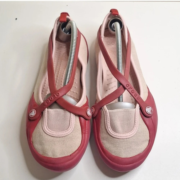 CROCS Celeste Cross Strap Mary Jane Slip On Red Pink Shoes Women'sSize 7 - Picture 2 of 8